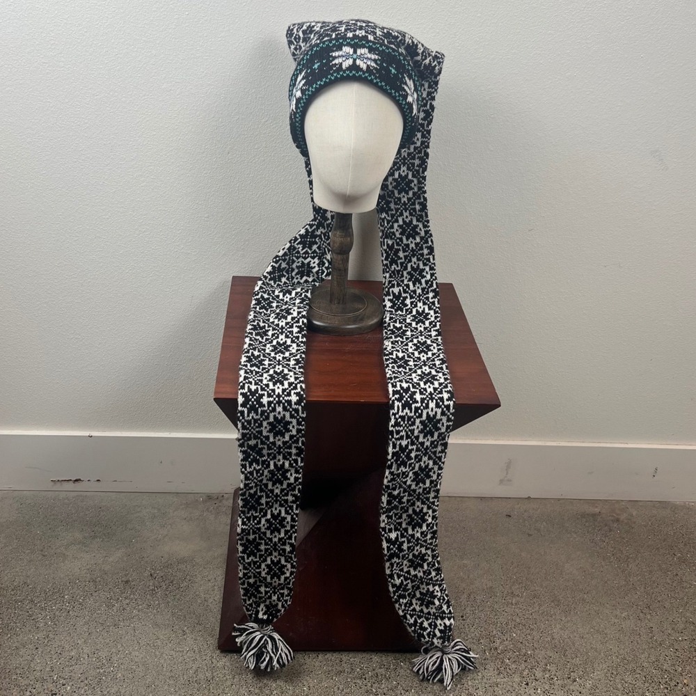 Nordic Knit Long Stocking Cap Scarf Hat Black White Snowflake Jester Fair Isle